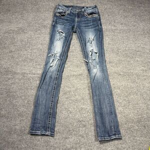 Miss Me Jeans Womens 26 Straight Blue Distressed Stonewash Cuffed 26x32.5